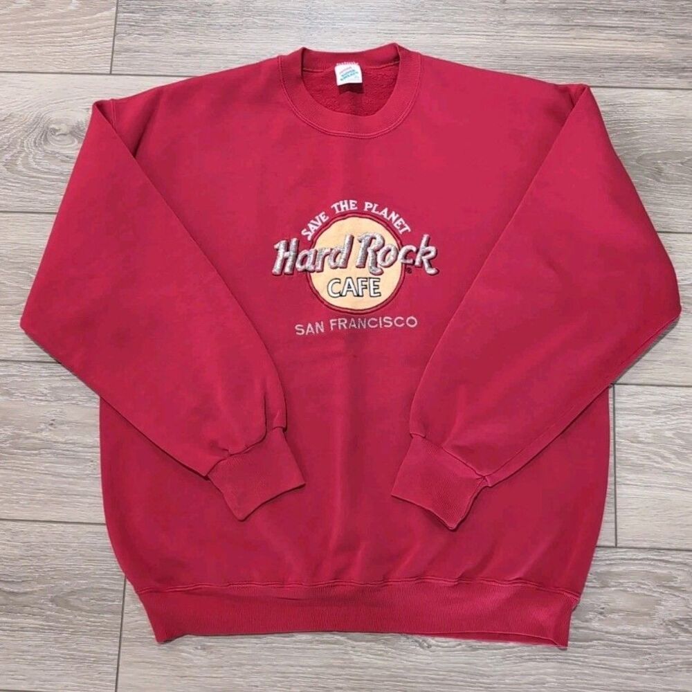 VINTAGE HARD ROCK CAFE RED SWEATSHIRT SIZE XL EMBROIDERED SAN FRANCISCO 90s EUC